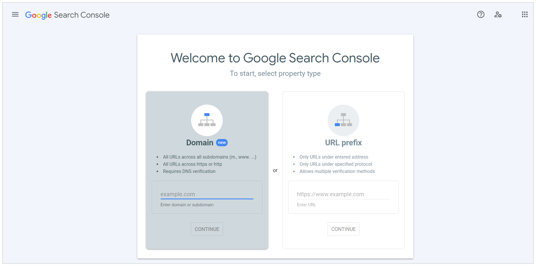 Pilih jenis properti di Google Search Console